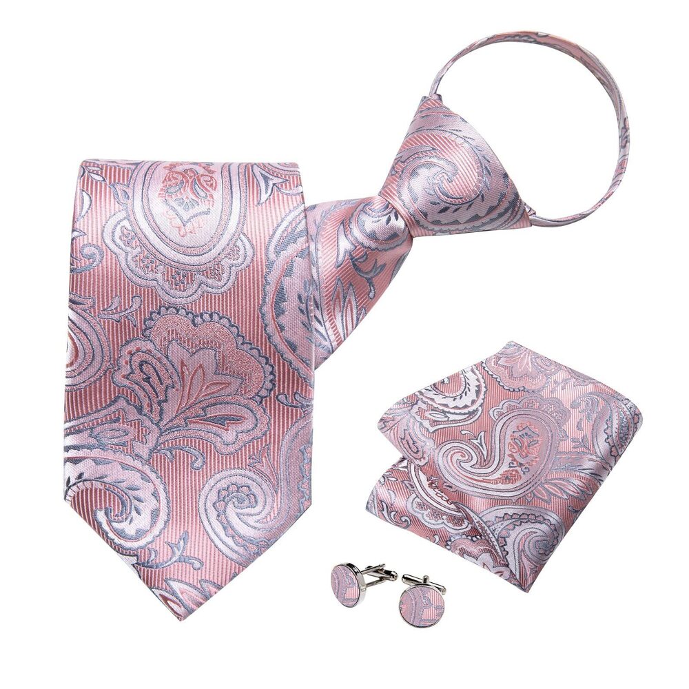 7428 Silk Zipper Ties ,Paisley Solid Plaid Pre-tied Tie and Pocket Square